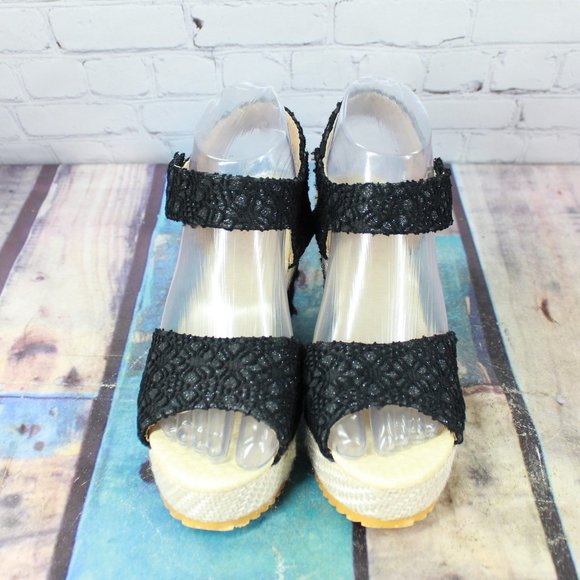 Women's Black Cream Ankle Strap Espadrille Platform Sandals Size 37 US 7 - Picture 5 of 8